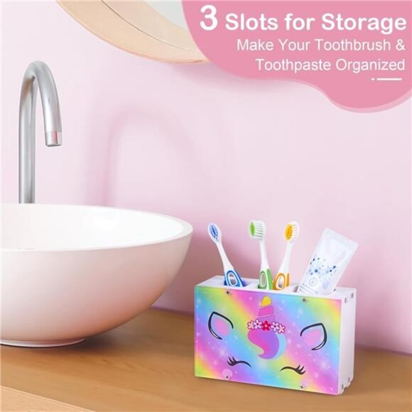 Kids Toothbrush Holder Bathroom Organizer 3 Slot Toothpaste Storage Unicorn Merm - Picture 4 of 7